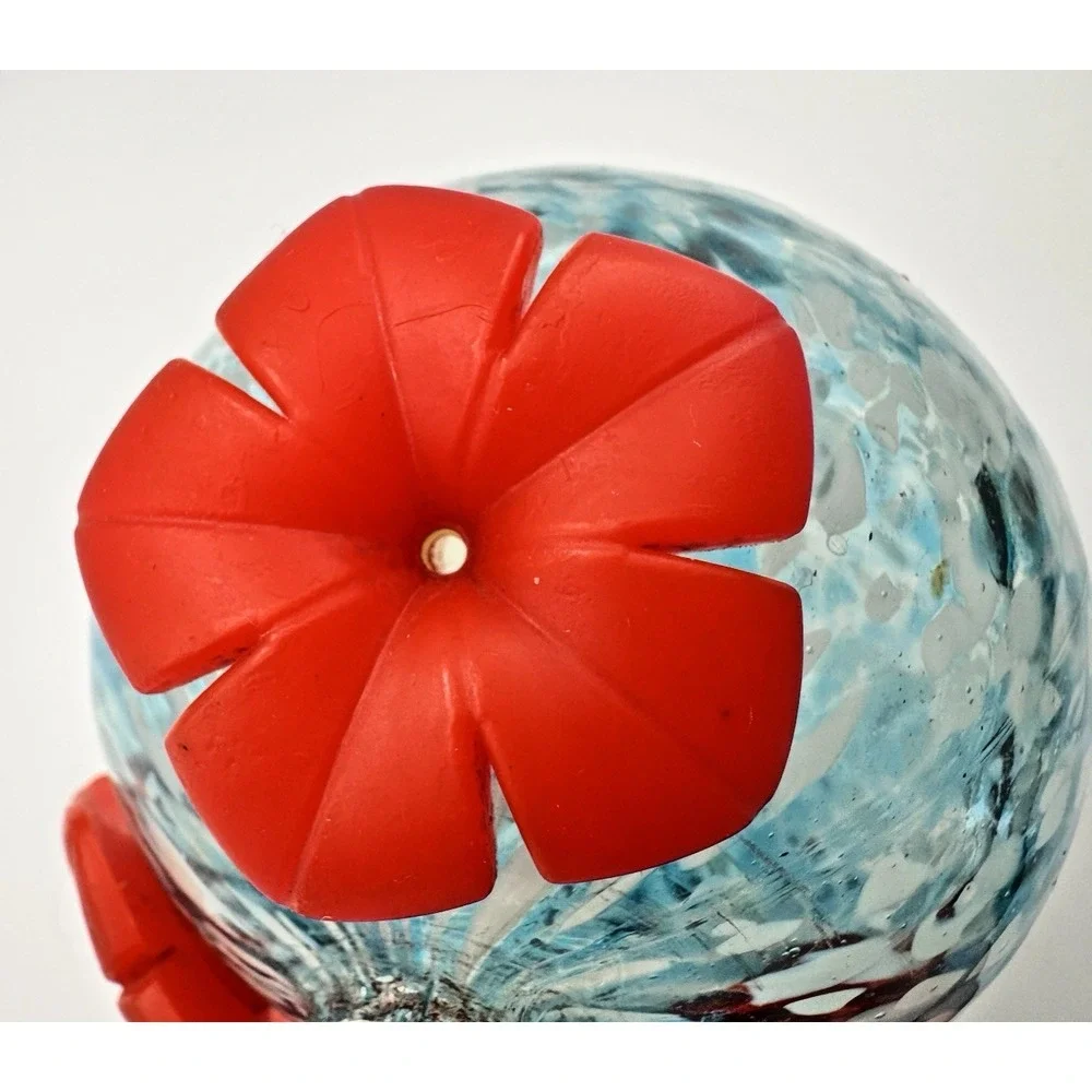Hummingbird Feeder Hand Blown Glass Blue White Confetti Red Flower Ports Hanging